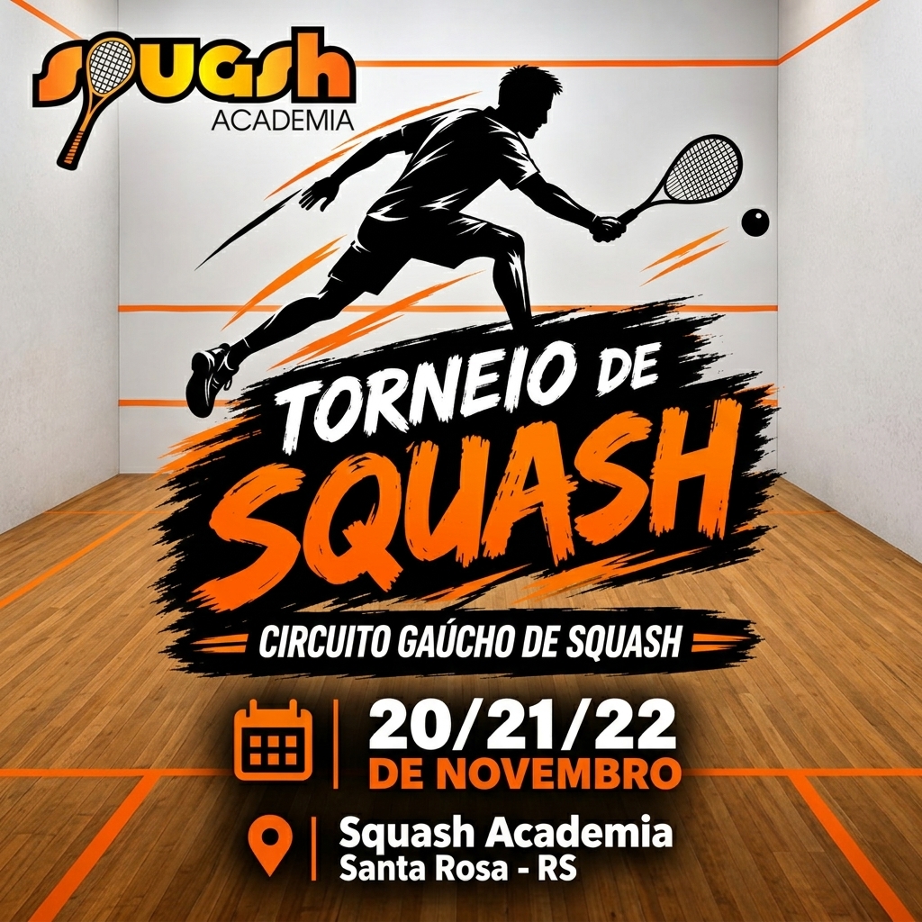 Um cartaz de estilo enérgico e esportivo em formato quadrado para o Instagram, predominantemente nas cores laranja, preto e branco, com as paredes de uma quadra de squash branca e linhas laranjas ao fundo, além do piso de madeira. No topo esquerdo, há o logotipo "Squash ACADEMIA", com a palavra "Squash" em letras gordas laranjas e amarelas, onde a letra "S" inicial se transforma em uma raquete, e "ACADEMIA" em letras pretas menores logo abaixo. No centro do cartaz, a silhueta preta de um jogador de squash em movimento dinâmico, inclinado para a frente e esticando-se para rebater uma pequena bola preta com sua raquete. Atrás dele, há traços laranjas que sugerem velocidade e impacto. Abaixo do jogador, destaca-se o título principal em letras grandes e expressivas sobre uma mancha preta de estilo pincelada: "TORNEIO DE" em branco e "SQUASH" em letras gigantes laranjas com contorno preto e textura desgastada. Abaixo deste título, uma faixa preta menor traz o texto "CIRCUITO GAÚCHO DE SQUASH" em branco, ladeado por pequenos traços laranjas. Na parte inferior, estão as informações do evento: um ícone de calendário laranja ao lado da data "20 / 21 / 22 DE NOVEMBRO" em branco e laranja, e abaixo, um ícone de localização laranja ao lado de "Squash Academia Santa Rosa - RS" em branco. Fim da descrição.