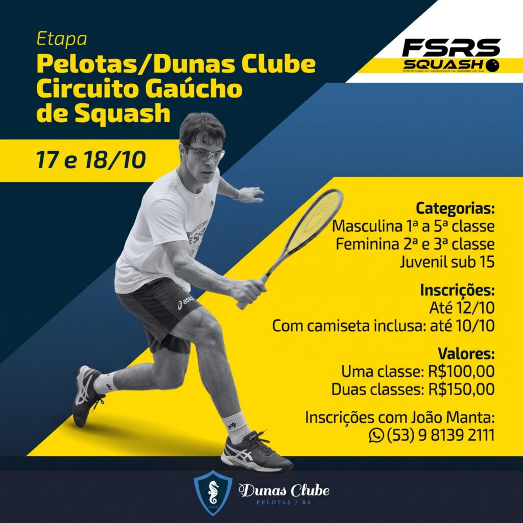 Cartaz promocional com fundo geométrico em faixas diagonais nas cores azul-escuro e amarelo. Em destaque à esquerda, há uma foto em preto e branco de um atleta de squash em movimento, usando óculos de proteção, camiseta branca, bermuda e tênis, com a raquete empunhada para rebater a bola.